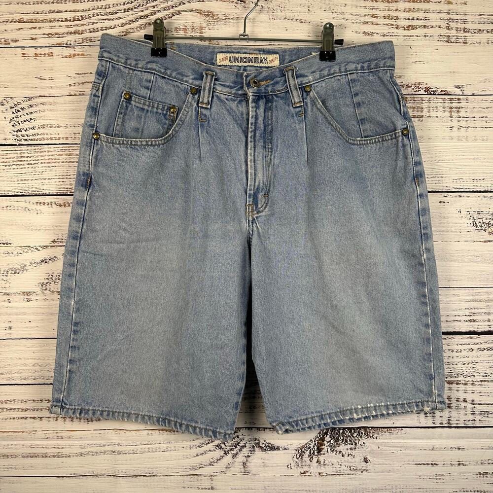 VTG 90s Unionbay Light Blue Distressed Pleated Denim Jean Grunge Shorts Mens 34